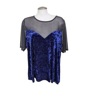 MBLM By Tess Holliday Womens Plus 2X Top Black Blue Sheer Mesh Crushed Velvet
